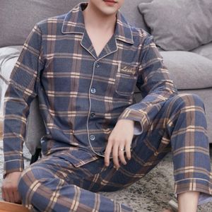 Suo Chao 100% bomullspyjamas som är set för män Loose Casual Plaid Sleepwear Pyjamas Home Clothes Nightgown Homewear 240307