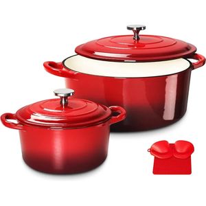 Enameled Cast Iron Dutch Oven Set with Lids 2pcs Pot 6QT 15QT Enamel Cookware Red 240304