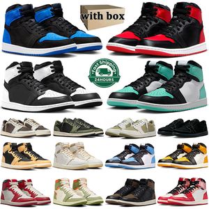 Mit Box Jumpman 1 Basketballschuhe Männer Frauen 1s hoch Satin Bred Royal Reimagined Lost and Found Spider Sail niedrig Black Phantom Mocha Herrentrainer Outdoor-Sport 36-47