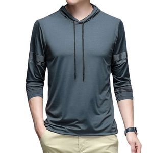 Hooded Long Sleeved Ice Silk T-Shirt For Men 2024 Spring Ice Solid Color Breathable Thin Fitness Sports Leisure T-Shirt For Men