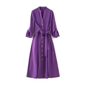 2024 Spring Purple Solid Color midja bälte klänning långärmad stativ krage knappar långa maxi casual klänningar w4m051712