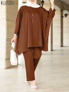 Set Donna Set coordinati ZANZEA Caftano Musulmano Set Abiti casual Marocain Turco Top Pantaloni Islam Abbigliamento Set 2 pezzi oversize