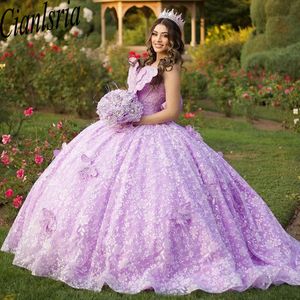 Lila paljett spets 3d fjäril quinceanera klänningar bollklänning från axelpärlan kristallkorsett vestidos de 15 anos