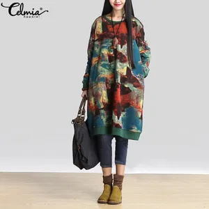 Casual Dresses Winter Sweatshirt Dress Celmia Women Vintage Print Long Sleeve Loose Vestidos Robe Femme Pockets