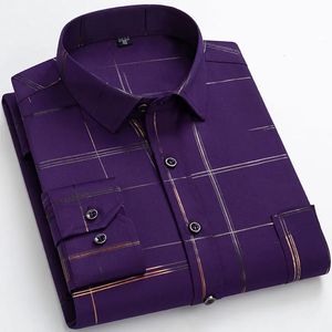 Plus Size 6XL Long Sleeve Men's Printed Plaid Stretchy Casual Shirts Large Regular Fit Elegant Social Work Business Dress Shirt 240306