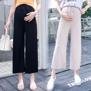 Capris Drawstring Waist Pregnant Women Widelegged Belly Pants Mother Fashion Knitting Trousers Maternity Straight Work Pants Loose