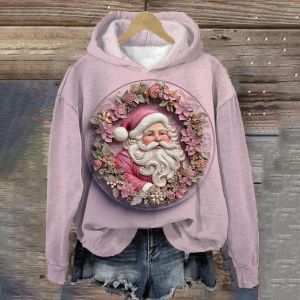 Bluzy damskie vintage w stylu Świętego Mikołaja długie z kapturem rękaw Wesoły świąteczny bluza lekka bluzy bluzy kobiety różowe kobiety pullover