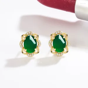Stud Earrings Natural Emerald For Woman Real Luxury Female 18k Gold Jewelry Vintage Double Women Yellow