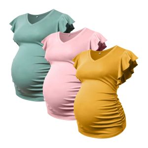 T-Shirt Pregnancy TShirt Fly Short Sleeve Tees Maternity T Shirt V Neck Side Ruched Clothes Pregnant Women Tops