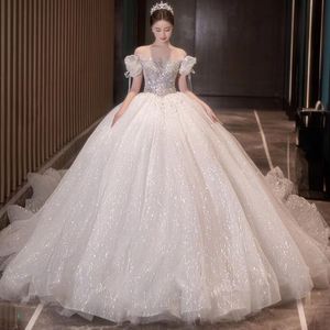 2024 lindos cristais vestidos de casamento vestido de noiva com apliques florais 3D uma linha de cristais frisados trem de varredura plus size jardim personalizado fora do ombro vestido de novia