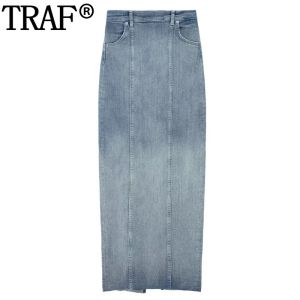 Saia traf 2023 azul denim saia mulher cintura alta saias longas para mulher streetwear outono midi saia com fenda jean saias para mulher