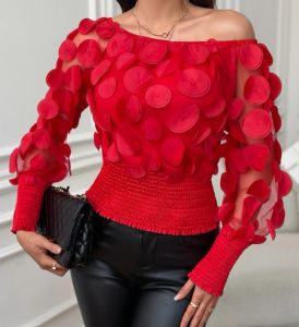 T-shirt Mode Frauen Blusen Blumenmuster Geraffte Sheer Mesh Patch Langarm Weg Von Der Schulter Gigot Sleeve Top Weibliche Pullover 2024