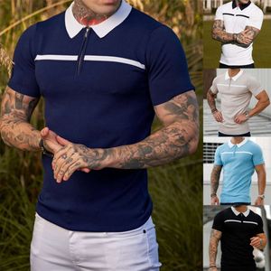 Sommar ny t-shirt vänd ner krage färgblock botten skjorta sport fritid mode trend herrkläder kort ärm