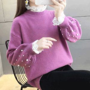 Sweaters Long Sleeve Lace Sweater Women 2022 Fake Twopiece Loose Casual Knitted Sweaters Female Autumn Winter Turtleneck Pullover