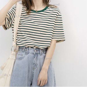 New Versatile Loose Cotton Green Striped Women's Top Short Sleeve T Shirt 173