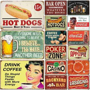 Metalowe malowanie bary otwarte piwa kawa hotdogy colę metalowe znaki blaszane dekoracje ścienne do restauracji barów man jaskiniowych kluby kawiarni plakaty retro plakaty T240309