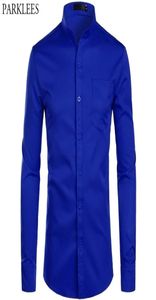 Men039S Royal Blue Dress Shirts Brand Banded Mandarin Collar Shirt Male Long Sleeve Casual Button Down Shirt With Pocket 2XL 212825027