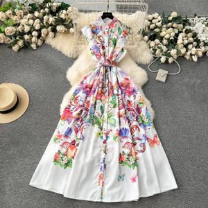 Casual Dresses Runway Summer Holiday Gorgeous Flower Dress Women's Stand ärmlös Single Breasted Belt Floral Print Long Vestidos 2024