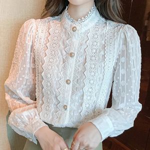 Autumn Women White Lace Blus Shirt Topps Långärmad blusas Mujer de Moda 2023 Blusar Femme Shirts E382 240301