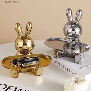 Decorative Objects Figurines Creative Lucky Rabbit Key Storage Tray Ornament Space Rabbit Tray Living Room Entrance Home Decoration Housewarming Gift T240309