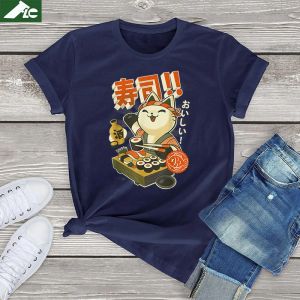 Tシャツ100％コットンティーガール寿司猫シェフカワイイネコマンガアニメTシャツ寿司とラーメンフーディーズユニセックストップカジュアルメスTシャツ