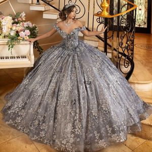 Luxury Silvery Shiny Ball Gown Quinceanera Dresses 3D Flowers Applique Tull Bridal Gown Party Bride Dresses Vestidos 15 de Anos