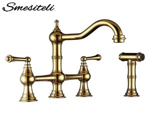 Solid mässing Kitchen Sink Mixer Tap Gold Bridge Kitchen kran med sidosprutsprutning och metallspakhandtag Sidespray 2107243677892