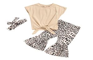 RetailWhole Girl Topleopard Flare Pants 3st Set With Bow pannbandstraktkläder Set Girls Outfits Children Designers 5119575