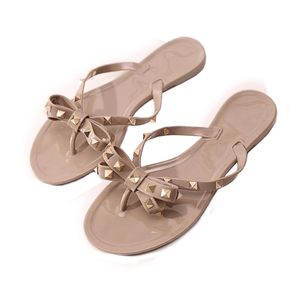 Verão feminino praia flip flops sapatos de qualidade clássica cravejado senhoras legal arco nó plana chinelo feminino rebite sandálias geléia sapatos