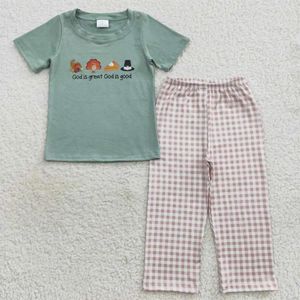 Giyim Setleri Toptan erkek bebek kısa kollu Türkiye Pasta Yeşil Pamuk T-Shirts Çocuk Seti Toddler Çocuk Ekose Pantolon Şükran Günü Kıyafet