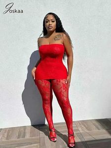 Grundlegende Freizeitkleider Joskaa Valentinstag-Outfit für Frauen Schwarz Rot Spitze Baddie 2-teiliges Set Outfits 2023 Neujahr Sexy Leggings Club Party Outfit J240306