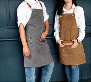 Leinwand Lätzchen Leder Chef Küchenschürze Frauen Männer Barista Barkeeper Taschen Hause Barber Kaffee Restaurant Schutzschürze 240227