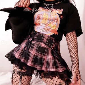 Elbiseler mini etek kadınlar goth yüksek bel punk bir çizgi etek bayanlar y2k estetik punk ekose kısa etek dantel yukarı jupe femme