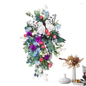 Decorative Flowers Artificial Wreath Spring Summer Rose Butterfly Purple Tulip Pendant Door For Front Home Living Room