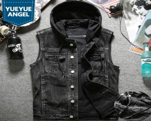 Jesienna nowa męska kamizelka dżinsowa kamizelka z kapturem Single Beded Cowboy Dżinsy kamizelki Slim Fit Tank Plus Size Biker Outerwear 6313402