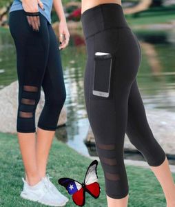 Preto sexy fitness esportivo capri calças femininas cintura alta malha elástica legging calças com bolso calças cortadas leggings 1pc ljja3422876