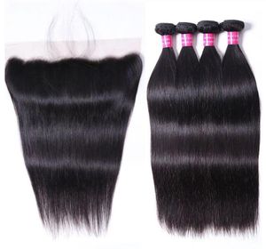 İpeksi Düz Brezilyalı Demetler 4pcslot İnsan Saçları 13x4 Dantel Frontal Peru Virgin Wefts ile Bütün 1030 inç 62964053696583