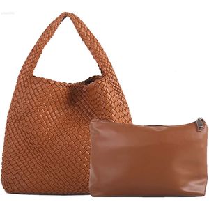 Women Vegan Leather Hand Woven Tote Handbag Large Capacity Shoulder Top-handle Bag All-match Underarm with Purse