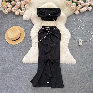 Arbetsklänningar Sexiga kvinnor Matchande uppsättningar Night Club Outfits Strapless Vest Pleated Oregelbulal Long Kjol Suit For Woman