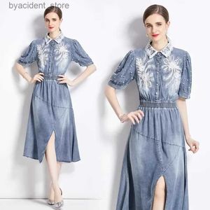 Urban Sexy Dresses New Fashion Vintage Women Summer Dress Denim Beading Short Sleeve Elastic Waist Plus Size French Casual Holiday Party Dresses L240309