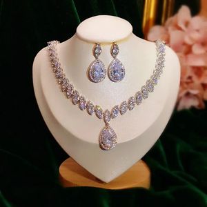 Fine Jewelry Sets For Women S925 Water Vintage Drop Cubic Zirconia Created Gemstone Necklaces Earring Bridal Wedding Bijoux 240305