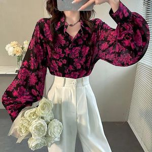 Kvinnors blusar 2024 Fashion Ladies Printing Lantern Sleeve Tops Spring Autumn Elegant Shirts Button Turn-Down Collar Clothing