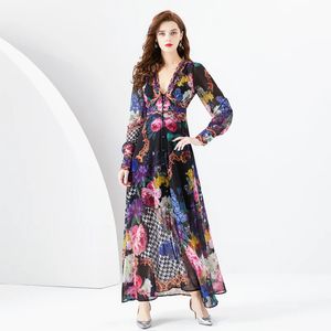 Grundläggande avslappnade klänningar Nya 2024 Summer Bohemian Chiffon Maxi Dress Women's Deep V-ringen Long Lantern Sleeve Floral Print Boho Robe Vestidos