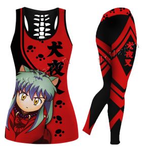 Magliette e camicette Sexy Canottiere vuote Leggings Giappone Anime Inuyasha 3D Stampa Gilet da donna Ragazze Pantaloni a vita bassa Rosso Nero Gilet senza maniche Nave di goccia