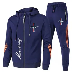 Men's Tracksuits Sportswear Ford Mustang Car Logo Printed Hooded Sweatshirt Trousers Casual Fit Running Fitness 2PK