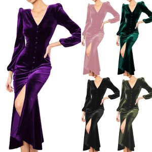 Klänning 2023 Sexig Slim Velvet Party Long Dress Women Elegant Long Sleeve Korean Evening Party Dresses Front Slit Maxi Vestidos de Fiesta