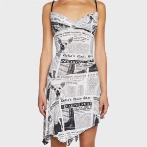 Cover-up Bikini Cover Up Beach Outing Dress Women 2023 New Irregular Newspaper Print Neck Sexy Slim Fit Solid Polyester Bathing Suit