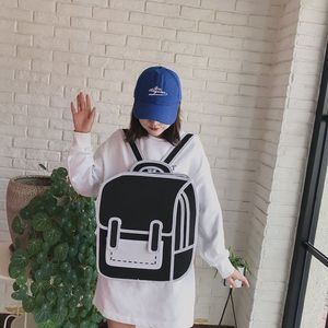 Children's Schoolbag ulzzang graffiti black-and-white drawing paper 2D cartoon Men and women backpack For Teenage Girls170o