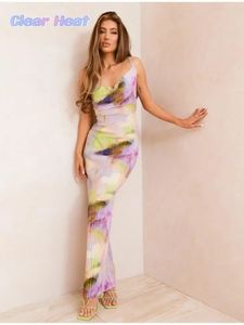 Tryckt Vneck High midja Womens Dress Sexig bodycon ärmlös rem långa klänningar Lady Summer Holiday Party Fashion Vestidos 240304