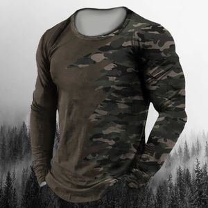 Винтажная мужская футболка с длинным рукавом, осенние футболки с круглым вырезом и камуфляжным узором, повседневная одежда больших размеров, мужские топы больших размеров 240226